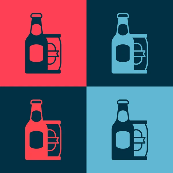 Pop art Bierfles en bierblikje pictogram geïsoleerd op kleur achtergrond. Vector — Stockvector