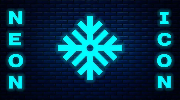 Icono de copo de nieve de neón brillante aislado en el fondo de la pared de ladrillo. Feliz Navidad y Feliz Año Nuevo. Vector — Archivo Imágenes Vectoriales