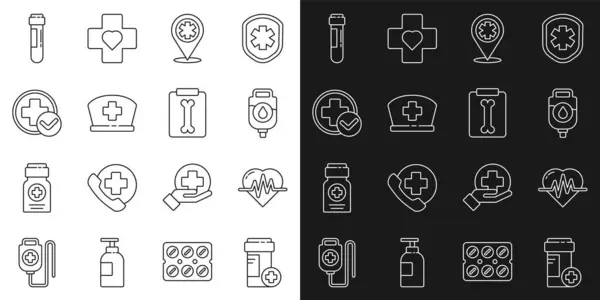 Set line Medicine bottle, Heart rate, IV bag, Map pointer with cross hospital, Nurse hat, Cross medical, Test tube blood and X-ray shots icon. Vector — Stock Vector