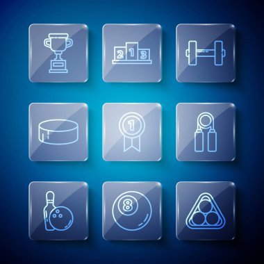 Bowling pimi ve topu, bilardo bilardo bilardo topu üçgeni, Dumbbell, madalya, hokey topu, ödül kupası ve spor açıcı ikonu. Vektör