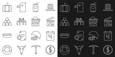 Dolar, Takvim tarihi 4 Temmuz, Film alkışları, Soda saman, Golden Gate köprüsü, barlar, Balkabağı ve Slot makinesi ikonu. Vektör