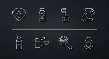 Hat hattını su damlası, şişe bardak, H2O için kimyasal formül, su musluğu, temiz su geri dönüşümü ve test tüpü simgesi ile ayarla. Vektör