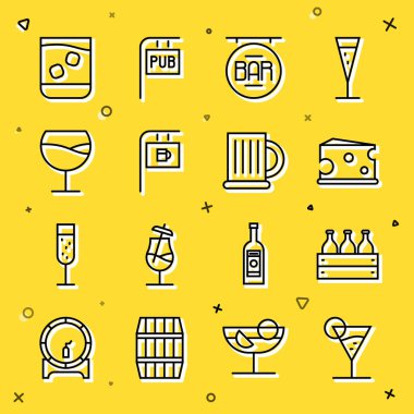 Martini bardağı, şarap şişeleri ahşap kutu, peynir, bar, şarap, cam viski ve tahta bira bardağı ikonlu sokak tabelası. Vektör