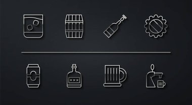 Bardak, viski, bira kutusu, şişe kapağı, tahta bira bardağı, alkollü içki şişesi, fıçı, bardak ve şarap ikonu. Vektör