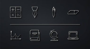 Satır Hesap Makinesi, Grafik, çizelge, çizelge, diyagram, silgi, Dünya küresi, Kitap, Dolma Kalem ucu, Laptop ve Kalem simgesini ayarla. Vektör