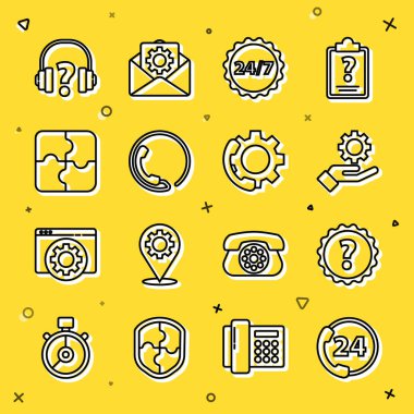 Telefon hattını 24 saat destekle, soru işareti, ayarlar elde, saat, yapboz parçası, kulaklıklar ve simge. Vektör