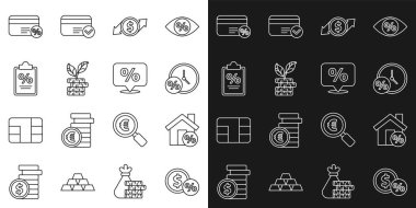 Hat Para Parasını yüzde ile ayarla, Ev perakende indirimi, Saat ve, Finansal büyüme doları, Dolar fabrikası, Finans belgesi, İndirim kartı ve etiket ikonu. Vektör