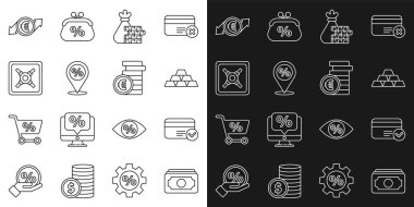 Hat Stacks kağıt para, kredi kartı, altın külçeleri, para çantası ve bozuk para, yüzde indirimli konum, Güvenli, Mali Büyüme Avrosu ve Sikke sembolü ikonu. Vektör