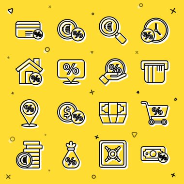 Hat% 100, alışveriş arabası, kredi kartı, büyüteç ve euro, indirim etiketi, indirimli ev ve ikon. Vektör