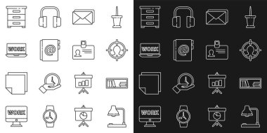 Satır tablosu lambası, kitaplı raf, kelle avcılığı konsepti, zarf, adres, dizüstü bilgisayar metni, çekmece belgeleri ve kimlik kartı simgesi. Vektör