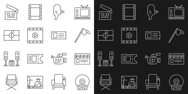 Satır CD 'si ya da DVD diski, Film alkışcısı, Mikrofon, Retro sinema kamerası, Play Video, Eski Film gerisayım çerçevesi ve Sinema bileti ikonu. Vektör