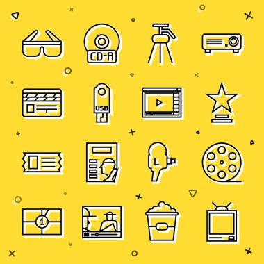 Set hattı Retro TV, Film makarası, Film kupası, Tripod, USB flash disk, klaket, 3D sinema gözlüğü ve Online oyun ikonu. Vektör