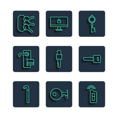 Crowbar, Key, uzaktan kumandalı araba anahtarı, eski, kilitli, dijital kapı kilidi, bir sürü anahtar ve simge. Vektör