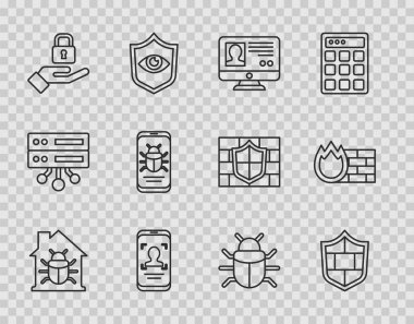 Hat House sistem hatlarını, tuğla duvarlı kalkanları, hesap ekranını, mobil ve yüz tanıma sistemini, eldeki kilidi, mobil sistemi ve güvenlik duvarı ikonunu ayarla. Vektör