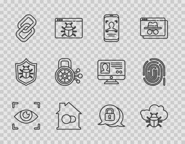 Çizgi göz taraması, sistem hatası, mobil ve yüz tanıma, akıllı ev, zincir bağlantısı, siber güvenlik ve parmak izi ikonu ayarlayın. Vektör
