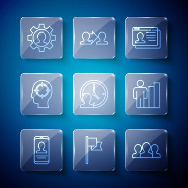 Satır Mobil 'i özgeçmiş, konum belirleyici, kullanıcı grubu, özgeçmiş, zaman yönetimi, kafa avcılığı, insan teçhizatı ve üretici insan ikonu ile ayarla. Vektör