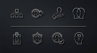 Hiyerarşi organizogram şeması, kimlik kartı, Proje ekibi tabanı, hesap ekranı, kullanıcı koruması oluştur, Arama insanları simgesi için soru işareti ve el ile kafa oluştur. Vektör