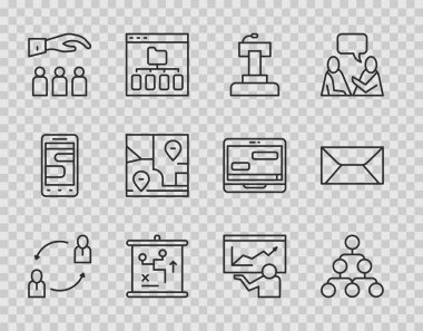 İnsan kaynakları, hiyerarşi organizogramı şeması, sahne standı tribünü, planlama stratejisi konsepti, çalışanı olan patron, katlanmış harita konumu, eğitim, sunum ve zarf simgesi. Vektör