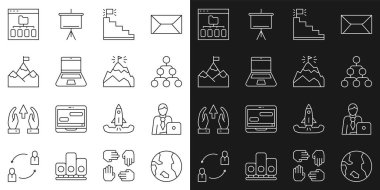 Dünya küresi, İşadamı, Hiyerarşi organizasyon şeması, bitiş bayrağı olan merdiven, dizüstü bilgisayar, dağlar, tarayıcı dosyaları ve simge. Vektör