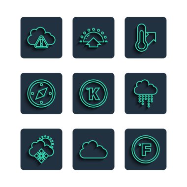 Cloud 'u kar ve güneşe ayarla, Fahrenheit, Meteoroloji termometresi, Kelvin, pusula, fırtına uyarısı ve yağmur ikonu. Vektör