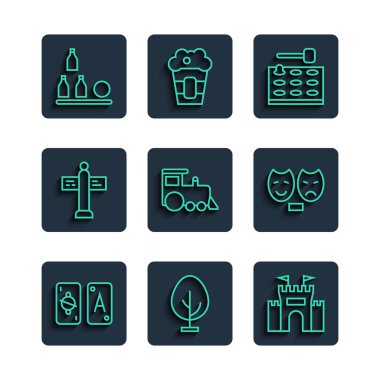 Tarot kartları, Ağaç, Kale, oyun makinesi, oyuncak tren, trafik levhası, şişe topu, komedi ve trajedi maskeleri ikonu. Vektör