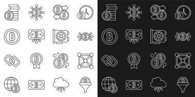 Satışları bitcoin, Blockchain teknolojisi, Bitcoin devresi, Kripto para değişimi ve Video grafik kart ikonu ile ayarla. Vektör
