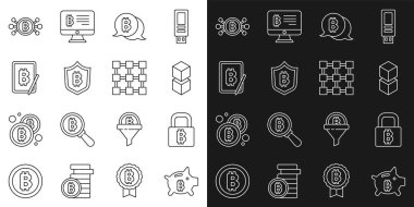 Piggy Bank Bitcoin, Lock with, Blockchain teknolojisi, Bitcoin, Shield, Madencilik tablet, devre ve ikon. Vektör