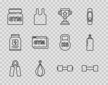 Set hattı spor açıcı, Dumbbell, ödül kupası, kum torbası, spor beslenmesi, online fitness eğitimi ve ikon. Vektör