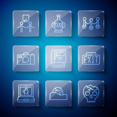 Set hattı Çevrimiçi Müze, İnsan Kafatası, Kırık İnsan, İp Bariyeri, Tarih kitabı, Fotoğraf Makinesi, Resim ve İp ve Çıkış simgesi. Vektör