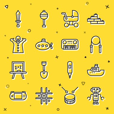 Robot oyuncağı, oyuncak bot, ip atlama, bebek arabası, denizaltı, kukla bebek, kılıç ve piyano ikonu. Vektör