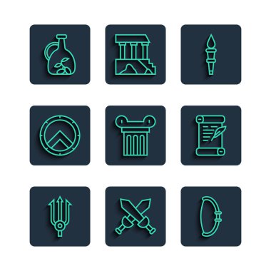 Set hattı Neptün Mızrağı, Orta Çağ kılıcı, Ortaçağ yayı, Meşale Ateşi, Eski kolon, Yunan kalkanı, bir şişe zeytin yağı ve ferman, parşömen, parşömen simgesi. Vektör