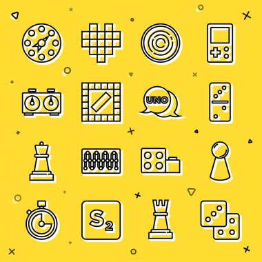 Set çizgisi oyun zarları, masa oyunu için çip, Domino, Checker çipleri, tahta, Zaman satranç saati, Twister ve Uno kart simgesi. Vektör