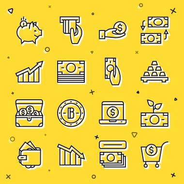 Alış veriş arabası ve dolar, para kasası, altın külçeleri, El para verme, kağıt para yığını, maddi büyüme artışı, madeni paralı domuzcuk bankası ve hızlı ödeme ikonu. Vektör