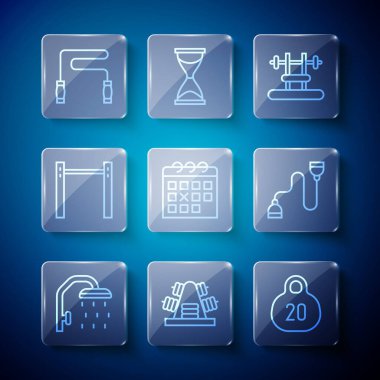 Hat başlığı, ağırlıklı metal raf, Kettlebell, Bench barbel, takvim fitness, yatay, atlama ipi ve göğüs genişletme simgesi. Vektör