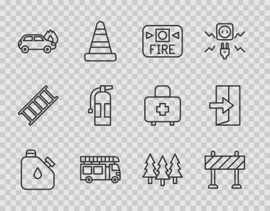 Tüp yakıtı, yol bariyeri, yangın alarmı, kamyon, yanan araba, yangın söndürücü, orman ve çıkış ikonu. Vektör