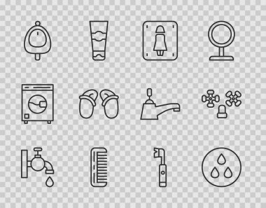 Hattı kurun. Musluk musluğu, damla, kadın tuvaleti, saç fırçası, tuvalet tuvaleti ya da pisuar, parmak arası terlik, elektrikli diş fırçası ve ikon. Vektör