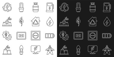 Elektrik kulesi, Batarya, Su Enerjisi, Propan benzin deposu, Yaprak ya da Yaprak, Elektrik santrali fabrikası, geri dönüşümlü ve Eco House geri dönüşüm ikonlu. Vektör
