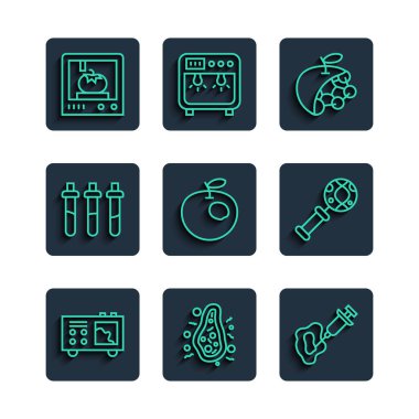 Hat spektrometresi, Bakteri, Şırınga, Biyolojik yapı, Genetik olarak değiştirilmiş elma, Reaktif şişe, 3D baskı teknolojisi ve DNA araştırması, arama simgesi. Vektör