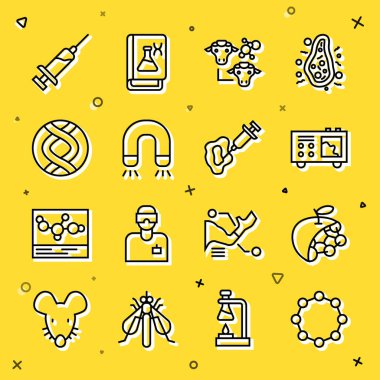 Kimyasal Formül, Biyolojik yapı, Spektrometre, Klonlama, Mıknatıs, DNA sembolü, Şırınga ve ikon 'u ayarla. Vektör