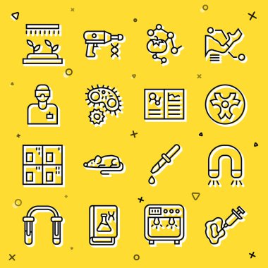 Şırınga, Mıknatıs, Biyolojik Tehlike sembolü, Genetik olarak değiştirilmiş yiyecek, Virüs, Laboratuvar asistanı, Otomatik Sulama Fıskiyeleri ve Klinik Kayıt Simgesi. Vektör