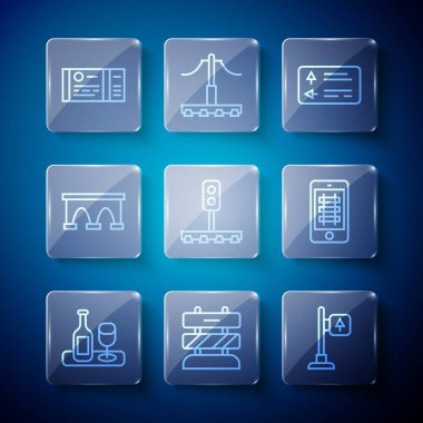 Camlı şarap şişesi, demiryolu raylarının sonu, trafik levhası, tren ışığı tren için köprü, bilet ve çevrimiçi ikon satın al. Vektör