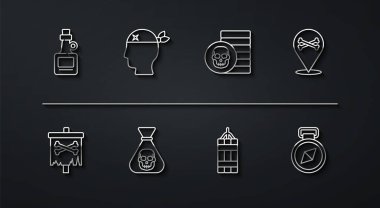 Rom, korsan bayrağı, korsan mekan korsanı, dinamit bombası, bozuk para, kaptan, pusula ve simge. Vektör