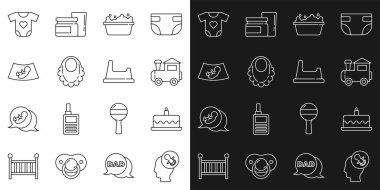 Hattı ayarla bebek emziği, yanan mumlu pasta, oyuncak tren, küvet, önlük, bebek ultrasonu, kıyafetler ve tuvalet ikonu. Vektör