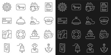 Anchor hattı, yolcu gemisi, Kaptan şapkası, tepsiyle kaplı, kartpostal yolculuğu, direksiyon simidi ve hat ikonu. Vektör