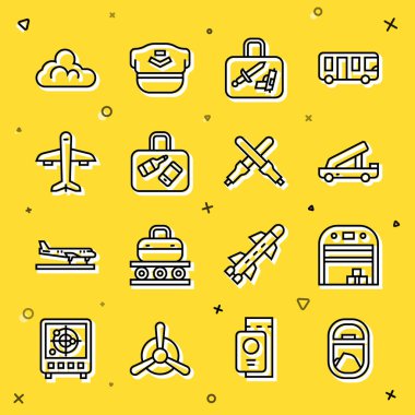 Uçak penceresi, uçak hangarı, yolcu merdiveni, bavul, uçak, bulut havası ve Marshalling asaları ikonu. Vektör