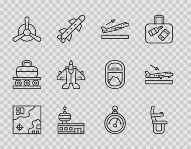 Hat haritası, uçak koltuğu, uçak kalkışı, havaalanı kontrol kulesi, pervane, savaş uçağı, barometre ve iniş ikonu ayarlayın. Vektör