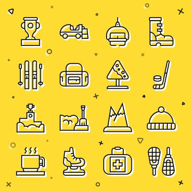 Çizgi çizgisi, kar ayakkabıları, kış şapkası, buz hokeyi sopası ve puck, kayak kaldırma, spor çantası, sopalar, ödül kupası ve yol işareti çığ ikonu. Vektör