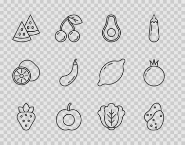 Çilek, Patates, Avokado meyvesi, Şeftali, Karpuz, Patlıcan, Lahana ve Domates ikonu. Vektör