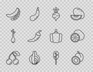 Sabit hat kiraz, erik meyvesi, pancar, soğan, yeşil bezelye, acı biber kabuğu, ıspanak ve kivi ikonu. Vektör