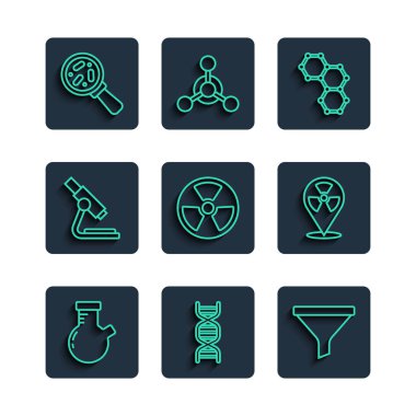 Hat Test tüpü ve matarası, DNA sembolü, huni veya filtre, kimyasal formül, radyoaktif, mikroskop, mikroorganizmaları büyüteç altında ve konum simgesi altında ayarla. Vektör